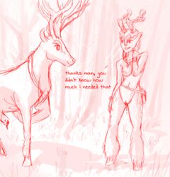 after_sex animal_genitalia anthro anthro_on_feral battlerite blossom_(battlerite) bodily_fluids cervid cum dialogue digital_media_(artwork) faun female feral floaff genital_fluids hi_res humanoid invalid_tag mammal nude pussy satyr sketch text zoophilia