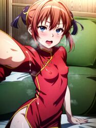 ai_generated blue_eyes blush breath bun_cover china_dress chinese_clothes cum cum_on_clothes double_bun erect_nipples erect_nipples_under_clothes female female_only gintama hair_ornament kagura_(gintama) looking_at_viewer nipple_bulge open_mouth orange_hair selfie side_slit skin_tight small_breasts solo sweat tight_clothing