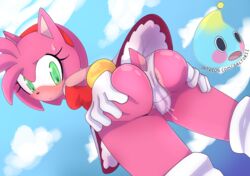 amy_rose anthro anus barely_visible_anus blush bodily_fluids camel_toe clothing cloud dress dripping eulipotyphlan female fur genital_fluids green_eyes hand_on_butt hedgehog hi_res huge_ass mammal panties panty_shot pink_body pink_fur pussy_juice pussy_juice_drip saltorii sky sonic_(series) sweat underwear upskirt