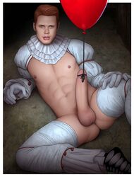 1boy 2019 5_fingers abs ass balloon bill_skarsgård brown_hair clown cosplay drawnpr0n erect_nipples erection exposed_nipples exposed_penis gay gloves halloween horror it laid_back large_penis lying_down male male_only monster nipples pecs penis pennywise pinup presenting six_pack solo toned toned_male yaoi