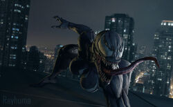 3d alien big_breasts black_body breasts city female female_only large_breasts legs long_tongue marvel marvel_comics prehensile_tongue rayhuma rooftop sharp_teeth she-venom spider-man_(series) symbiote teeth thick tongue tongue_out venom venom_(marvel) white_eyes
