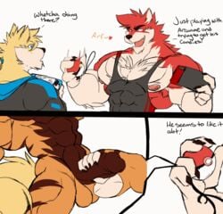 2019 3boys abs animated anthro anthrofied arcanine armpit_hair armpits bara big_muscles big_penis big_testicles blue_eyes body_hair brown_fur brown_penis canine claws comic daikitei disembodied_hand english_text erection furry gay half-closed_eyes handjob holding humanoid_penis large_penis male male_only mammal motion_lines muscular muscular_male nintendo nintendo_switch nude orange_fur original_character pecs penile penis poke_ball pokemon pokemon_(species) pokemon_rgby red_fur shaking simple_background sketch smile stripes tail testicles text thick_penis thick_thighs veins video_games white_background white_fur wolf yaoi yellow_fur