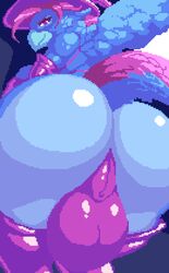 2019 animated anthro ass avian balls beak big_balls big_breasts big_butt blue_body blue_feathers bouncing_balls bouncing_breasts breasts clothing digital_media_(artwork) feathers futanari gryphon hair hat headgear headwear herm huge_balls intersex kalnareff looking_at_viewer looking_back luvalind_blue magic_user moon mostly_nude multicolored_body multicolored_feathers night pixel_art presenting presenting_hindquarters purple_clothing purple_eyes purple_hair pussy rear_view sky solo witch witch_hat