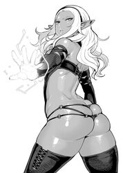 1girls ass_cleavage big_ass breasts butt_crack curvy dark-skinned_female dark_elf dark_skin elf elf-san_wa_yaserarenai female huge_ass humanoid kuroeda long_hair magic medium_hair monochrome pointy_ears solo synecdoche thick_thighs thong white_hair wide_hips