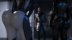 1boy 2girls 3d 3d_(artwork) apple_butt ass ass_focus big_ass bigotedeplorable bodysuit boots breasts butt_focus clothing commander_shepard dark-skinned_female female gigantic_ass high_heel_boots high_heels hips huge_ass large_ass legs lips maleshep mass_effect mass_effect_3 miranda_lawson pose posing red_lipstick thick thick_legs thick_thighs thigh_boots uniform voluptuous waist wide_hips