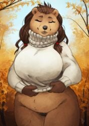 1girls 2019 5_fingers anthro autumn barely_visible_pussy big_breasts bottomless breasts brown_body brown_fur brown_hair closed_eyes clothed clothing curvy_figure day detailed_background female female_focus fingers forest fur furry furry_only hair mammal mostly_nude naked nora_(tasanko) nude outside pussy sky smile solo solo_female solo_focus sweater tas-alt tasanko thick_thighs topwear tree undressing ursid voluptuous wide_hips