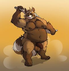 2019 anthro balls belly brown_body brown_fur canid canine flaccid fur glans humanoid_hands humanoid_penis male male_only mammal moobs navel nipples one_eye_closed overweight overweight_male partially_retracted_foreskin penis raccoon_dog simple_background solo tanuki tongue tongue_out towel uncut wink zangusuu