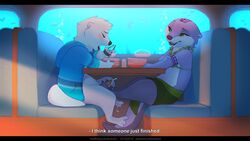 16:9 3_toes anthro blush bodily_fluids bottomless clothed clothing cum duo english_text feet female food foot_fetish footjob genital_fluids hoodie kapua letodoesart lutrine male mammal mustelid orgasm pebble_(letodoesart) penis public sex straight sushi tapering_penis text toes topless topwear under_the_table