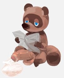 2019 animal_crossing anthro bodily_fluids brown_body brown_fur canid canine cum cum_on_ground fur furry genital_fluids highres humanoid_hands humanoid_penis male male_only mammal masshiro newspaper nintendo nude penis raccoon_dog simple_background sitting solo tanuki testicles tom_nook