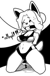 anthro arms_behind_back ball_gag black_and_white black_nose bodily_fluids bondage breasts cameltoe canid canine canis clothed clothing collar felid feline felis female fur gag gagged hair kneeling leash mammal monochrome nakedsharks navel one_eye_closed saliva solo sweat tem temmie_(undertale) undertale video_games