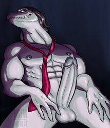 1boy abs alligator anthro balls biceps bodily_fluids erection from_below furry genital_fluids humanoid_penis looking_at_viewer looking_down male male_only muscular muscular_male necktie nipples nsfw-hideous nude pecs penis precum scalie sharp_teeth simple_background smile solo star_vs_the_forces_of_evil tie toffee_(svtfoe) yellow_eyes