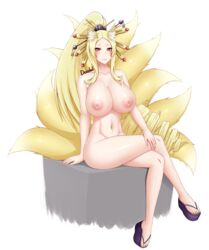 animal_ears big_breasts blonde_hair blush deuzlul female fox_ears fox_girl fox_tail heart-shaped_pupils high_school_dxd huge_breasts kitsune nude nude_female sitting smile solo yasaka_(high_school_dxd)