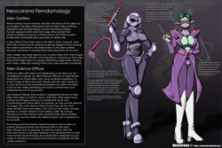 2girls alien alien_girl armour breasts cleavage clothed clothing english english_text female female_only femdom femdom_aliens(neocorona) femdom_caption green_hair green_skin large_breasts multiple_girls neocorona pointy_ears shiny shiny_clothes shiny_skin standing strap-on tag tagme text thighs uniform