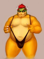 belly bowser bulge clothing dagapuff hi_res koopa male male_only mario_(series) nintendo nipples overweight overweight_male scalie sling_bikini solo standing swimwear video_games