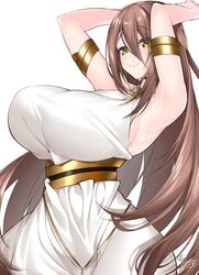 1girls adele_(fate/grand_order) armpits arms_behind_head arms_up blush brown_hair dress fate/grand_order fate_(series) green_eyes huge_breasts long_hair looking_at_viewer pale-skinned_female smile toga watosu_(watosu_mama)