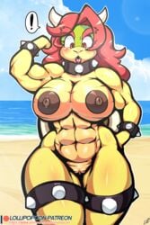 ! 2019 abs absurd_res anthro areola bowser bracelet breasts cloud collar female female_bowser hair hi_res horn huge_breasts jewelry koopa lollipopcon long_hair mario_(series) muscular muscular_female nintendo nipples nude open_mouth outside pussy red_hair reptile rule_63 scalie seaside seductive solo spiked_bracelet spiked_collar spikes text thick_thighs url video_games water