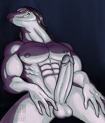 1boy abs alligator anthro balls biceps bodily_fluids erection from_below furry genital_fluids humanoid_penis looking_at_viewer looking_down male male_only muscular muscular_male nipples nsfw-hideous nude pecs penis precum scalie sharp_teeth simple_background smile solo star_vs_the_forces_of_evil toffee_(svtfoe) yellow_eyes