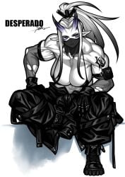 biceps big_breasts cleavage demon demon_girl demon_horns face_veil leaning_forward looking_at_viewer muscular muscular_arms muscular_female oni oni_horns original original_character pointy_ears ponytail purple_eyes sitting white_skin yuto_noirm08