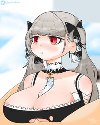 :o admiral_(azur_lane) azur_lane blush cleavage clothed clothed_female_nude_male clothing collarbone ear_piercing earring earrings faceless_male formidable_(azur_lane) frills gray_hair grey_hair hair_ornament hair_ribbon hair_ribbons indoors large_breasts long_hair maid nose_blush open_mouth paizuri paizuri_under_clothes penis red_eyes ribbons super_jumbo thick_eyebrows torn_clothes twintails underboob very_long_hair wet_penis