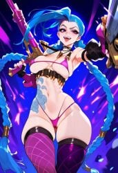 1girls 2d ai_generated bikini blue_hair braid female female_focus female_only gun jinx_(league_of_legends) league_of_legends micro_bikini skinny skinny_female small_breasts solo solo_female solo_focus tagme thighhighs