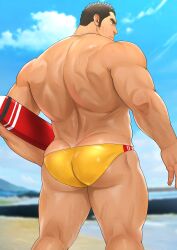 1boy abs ass ass_bigger_than_head ass_cleavage ass_focus back_muscles back_view bara beach beefy biceps big_ass black_hair blurry_background broad_shoulders bubble_ass bubble_butt daddy dat_ass dilf dimples_of_venus frown gay hi_res huge_ass hunk leg_hair lifeguard lifeguard_swimsuit low-angle_view male male_only manly mature_male mizuki_gai muscles muscular muscular_arms muscular_ass muscular_back muscular_legs muscular_male muscular_neck muscular_thighs no_visible_genitalia original original_character pecs plump_ass quadriceps realistic_background rescue_tube round_ass rycanthropy seaside short_hair solo swim_briefs swimsuit thick thick_arms thick_ass thick_eyebrows thick_legs thick_thighs tight_ass topless tough_guy triceps very_high_resolution yaoi yellow_underwear