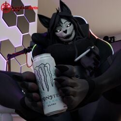 black_fur canine clothed foot_fetish foot_focus foot_tease gaming_chair getting_high incubusarts joint mal0 monster_energy monster_girl orange_jumpsuit paws scp-1471 scp-1471-a scp_foundation skull smoking_weed solo_female toe_grab toes white_eyes wolf_girl