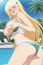 1girl ai_generated anus ass bikini bikini_bottom_aside bikini_pull blonde_hair blue_sky blunt_bangs blush breasts breasts_out censored christiana_(lemonjoojoo) clothes_pull clothing_aside cowboy_shot day digitalwaifugallery grabbing_own_breast green_bikini green_eyes hair_ornament hi_res high_quality high_resolution large_breasts long_hair looking_at_viewer looking_back lounge_chair mosaic_censoring nipples open_mouth original outdoors palm_tree patreon pool poolside pussy sarong seductive see-through sexy shiny_skin shirt sky solo swimsuit tied_shirt tree uncensored very_long_hair water watermark white_shirt