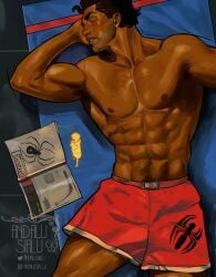 abs andalusialu brown_skin brown_skinned_male dark_skin dark_skinned_male happy_trail lyla_(spider-man:_across_the_spider-verse) male male_focus male_swimwear marvel miguel_o'hara muscular muscular_male pubic_hair pubic_hair_peek relaxing shirtless shirtless_male spider-man:_across_the_spider-verse spider-man_(series) spider-man_2099 swimming_trunks topless_male