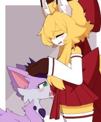 5:6 animal_genitalia animal_penis anthro asian_clothing big_penis blush bodily_fluids canid canine canine_genitalia canine_penis clothing crossgender cum cum_in_mouth cum_inside deep_throat dripping duo east_asian_clothing eyes_closed felid feline fellatio female_(lore) fox ftg_crossgender fti_crossgender genital_fluids genitals gynomorph hand_on_head huge_penis intersex japanese_clothing km-15 mammal miko_outfit miu_(feeshyartist) open_mouth oral oral_penetration penetration penile penis penis_in_mouth philikkahn precum precum_drip sex side_view vein veiny_penis
