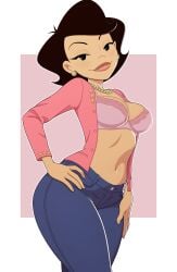 1girls alternate_version_available american_dragon:_jake_long big_breasts black_eyes black_hair blue_pants bottomwear bra breasts cleavage clothing ear_piercing earrings female female_only hips jeans kyde lace lace-trimmed_bra lace_trim lips mature mature_female mature_woman milf mother necklace neckwear pants pearl_necklace pink_bra pink_shirt shirt smile solo solo_female susan_long thick_lips thighs topwear wide_hips