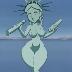 1girls 2boys ai_generated breasts handjob multiple_penises nipples nude penis statue_of_liberty