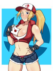 between_breasts blonde_hair blue_eyes breasts canon_genderswap cleavage fatal_fury female female_terry genderswap_(mtf) gloves grin hand_on_hip hat high_resolution hyoreisan large_breasts letter lipstick long_hair looking_at_viewer makeup navel nintendo one_eye_closed ponytail pose rule_63 shiny shiny_skin shorts smash_invitation smash_logo smile snk snk_heroines:_tag_team_frenzy solo standing super_smash_bros. super_smash_bros._ultimate symbol terry_bogard thighs tied_hair upper_body wink