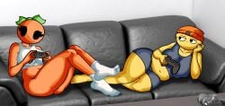 2girls ass beanie beanie_hat belly belly_button black_bottomwear black_topwear bottomless bottomless_female breasts chetoh clothed clothed_female couch feet female female_focus female_only gaming holding_controller laying_on_couch laying_on_side leaf leaf_hair lemon mandy_(chetoh) oc orange orange_beanie orange_body original original_character original_characters photo_background playing_videogame smile smiling socks white_socks white_topwear yellow_body