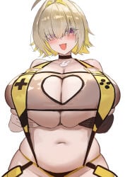 1girl absurdres ahoge bare_shoulders blonde_hair blush breasts choker cleavage clothing_cutout colored_inner_hair commentary elegg_(boom_and_shock)_(nikke) elegg_(nikke) game_controller_print goddess_of_victory:_nikke hair_intakes hair_over_eyes heart_cutout highres huge_breasts long_bangs looking_at_viewer marumai multicolored_hair navel open_mouth plump purple_eyes see-through_clothes short_hair slingshot_swimsuit smile solo swimsuit yellow_slingshot_swimsuit
