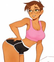 1female 1girls alternate_costume alternate_eye_color big_breasts brown_body brown_hair brown_skin bubble_butt glasses green_eyes lit_silium litsilium lois_lane lois_lane_(my_adventures_with_superman) my_adventures_with_superman pink_bra round_ass round_glasses short_hair sports_bra sports_shorts tan_skin tan_skinned_female tomboy