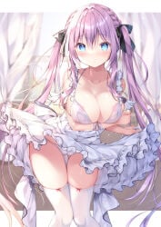 1girl areola_slip big_breasts blush breasts cameltoe clothed dress hair_ribbon highres large_breasts long_hair nipple_slip open_clothes original panties purple_hair skirt_lift small_but_busty stockings straight_hair tied_hair twintails uncensored veil watagashi_yui