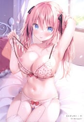 1girl areola_slip armpits arms_up blush bra bra_pull breasts cameltoe garter_belt hair_ribbon highres lace lace_garter_straps lace_stockings large_breasts long_hair nipple_slip nipples one_breast_out open_bra original panties pink_hair ribbon_panties sitting small_but_busty stockings straight_hair tied_hair twintails