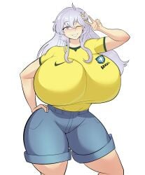 alternate_breast_size alternate_costume big_breasts blue_crow brazil brazilian brazilian_female breasts commission commissioner_upload deirdre_(fire_emblem) fire_emblem fire_emblem:_genealogy_of_the_holy_war hips huge_breasts jersey long_hair massive_breasts peace_sign purple_eyes silver_hair soccer soccer_uniform tiny_waist
