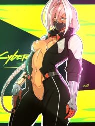 1girls accidart braid braided_hair braided_ponytail breasts cybernetic_arm cyberpunk:_edgerunners cyberpunk_(series) cyborg cyborg_girl face_mask female female_focus female_only highres light-skinned_female light_skin long_hair looking_at_viewer open_clothes pink_hair self_upload sweat talia_yang twitter_username