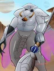 alien alien_boy alien_genitalia armor cape cracked_visor gray_skin half-dressed half_naked half_nude helldivers helldivers_2 helmet illuminate_(helldivers) looking_at_viewer no_pants original_character overseer_(helldivers) pantsless penis_out sarctrue solo solo_focus solo_male staff