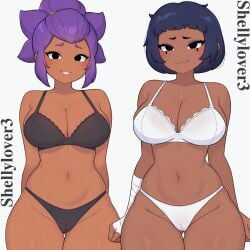 2girls ai_generated big_breasts bra brawl_stars najia_(brawl_stars) panties pussy pussy_visible_through_clothes shelly_(brawl_stars) thick_thighs