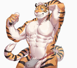 abs anthro armpit_hair bodily_fluids body_hair claws clothed clothing cum felid fur genital_fluids male male_only mammal muscular muscular_male one_eye_closed pantherine pecs pink_nose simple_background solo striped_body striped_fur striped_tail stripes taki_kaze tiger topless underwear white_background