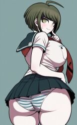 ahoge ai_generated back_view big_ass clothed danganronpa danganronpa_ultra_despair_girls exposed_panties green_eyes green_hair huge_ass huge_breasts looking_at_viewer looking_back naegi_komaru school_uniform schoolgirl serafuku short_hair short_skirt striped_panties sweatdrop thick_thighs wide_hips