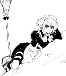 1boy 1femboy androgynous bob_cut crossdressing dress femboy femboy_only feminine_faced_male feminine_male lio_fotia looking_at_viewer maid maid_apron maid_headdress maid_outfit maid_uniform monochrome petite petite_body petite_male pov promare short_hair short_male slim slim_male slim_waist solo stockings suggestive_pose thigh_strap thighhighs thin_waist twink