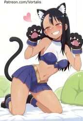 1girl ai_generated animal_ear_fluff animal_ears animal_hands bangs bare_shoulders black_footwear black_hair blue_skirt blush breasts brown_eyes cat_ears cat_paws cat_tail crop_top dark-skinned_female dark_skin fake_animal_ears gloves grin hair_ornament hairclip hayase_nagatoro heart kneeling long_hair medium_breasts midriff miniskirt navel paw_gloves paw_shoes pillow please_don't_bully_me,_nagatoro pleated_skirt shoes skirt smile solo tail vortalis white_background