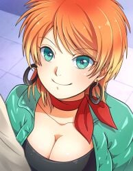 1girl bad_id bad_pixiv_id breasts cleavage closed_mouth earrings female_focus green_eyes gundam gundam_f91 hoop_earrings jewelry looking_at_viewer medium_breasts orange_hair short_hair smile solo tagme tagme_(character)