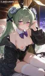 1girls ai_generated breasts corin_wickes green_hair looking_at_viewer nipples playboy_bunny purple_eyes shineinsfw smile solo uncensored zenless_zone_zero