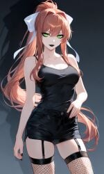 ai_generated black breasts doki_doki_literature_club eyelashes eyeliner garter_straps girl goth gothic lingerie makeup monika_(doki_doki_literature_club) shorts tank_top thick tight_top