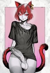abs ai_generated balls big_balls big_penis brutus_(artist) cat_ears cat_tail catboy femboy femboy_only huge_cock male_focus male_only massive_penis red_eyes red_hair shirt solo solo_male tail vesper_(trogiai)