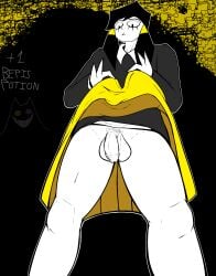 1futa 1girls black_hair confused female flaccid flaccid_penis flat_chest futanari lifting_skirt low-angle_view mesmalie mesmer_(mesmalie) pigtails pubic_hair shirt small_breasts small_penis